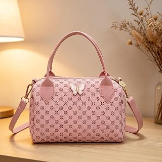 Small Boston Shoulder Bag for Women Classic Patterned Top Handle Butterfly Decor Crossbody Bag with Strap