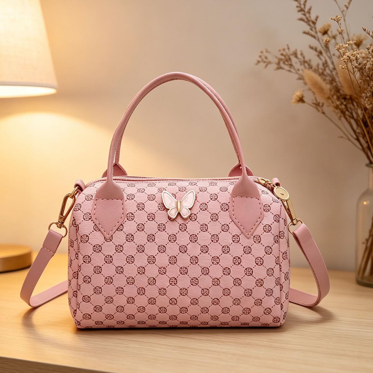 Small Boston Shoulder Bag for Women Classic Patterned Top Handle Butterfly Decor