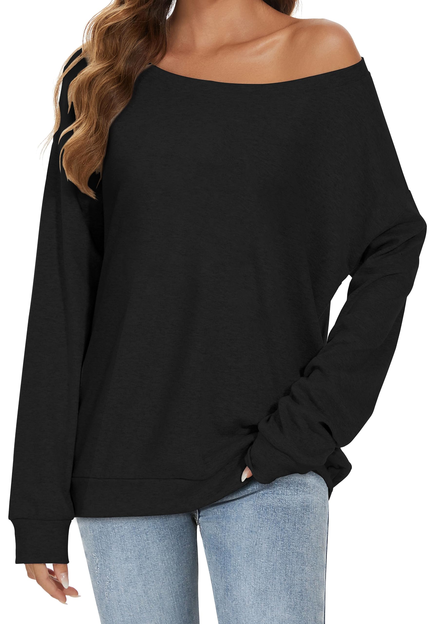 Womens Off Shoulder Tops Long Sleeve Oversized Sweatshirt Thin Pullover | soft c