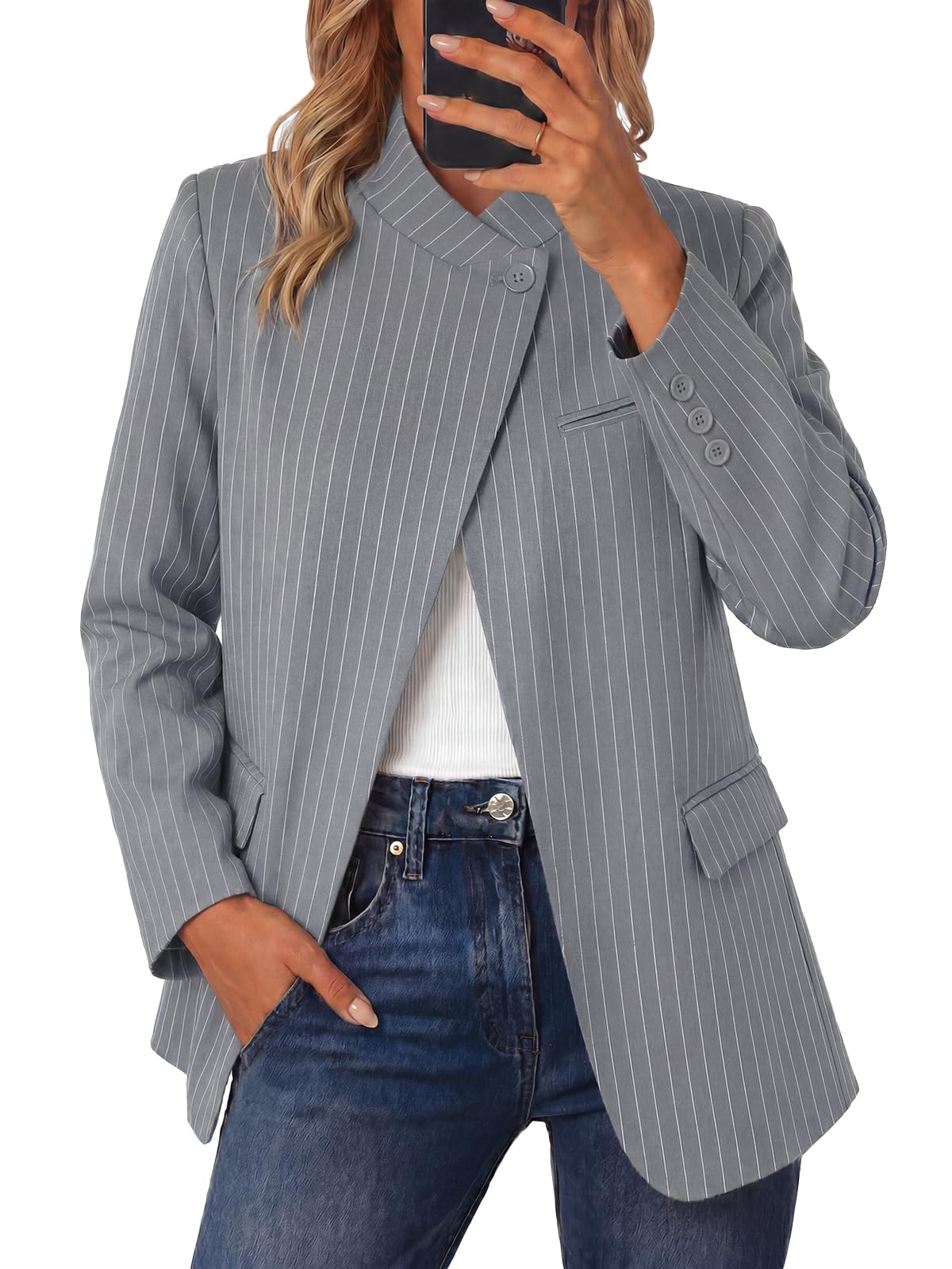 Cicy Bell Women Plaid Blazer Business Stand Collar Open Front Suit Jacket