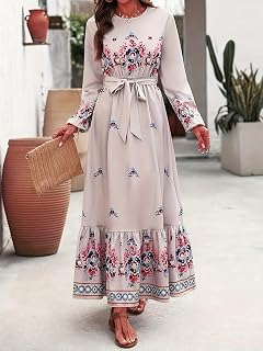 Women's Casual Long Sleeve V Neck Floral Print Maxi Dress