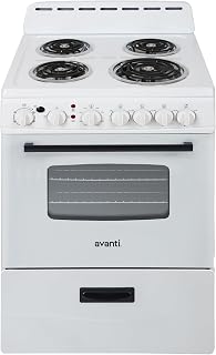 Avanti Electric Range Oven Compact Design, 2.6-Cu.Ft. Capacity with 4 Coil Burners, Framed Glass Oven Door, Storage Drawer and Broiler with Pan Perfect for Apartment RV Tiny Home, 24-Inch, White