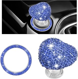YSFER 2 PCS Bling Push to Start Button Cover, Heart Car Engine Start Stop Button Protective Cover Crystal Decoration Set, Sparkling Auto Key Ignition Knob Protector for Women Men (Light Blue)
