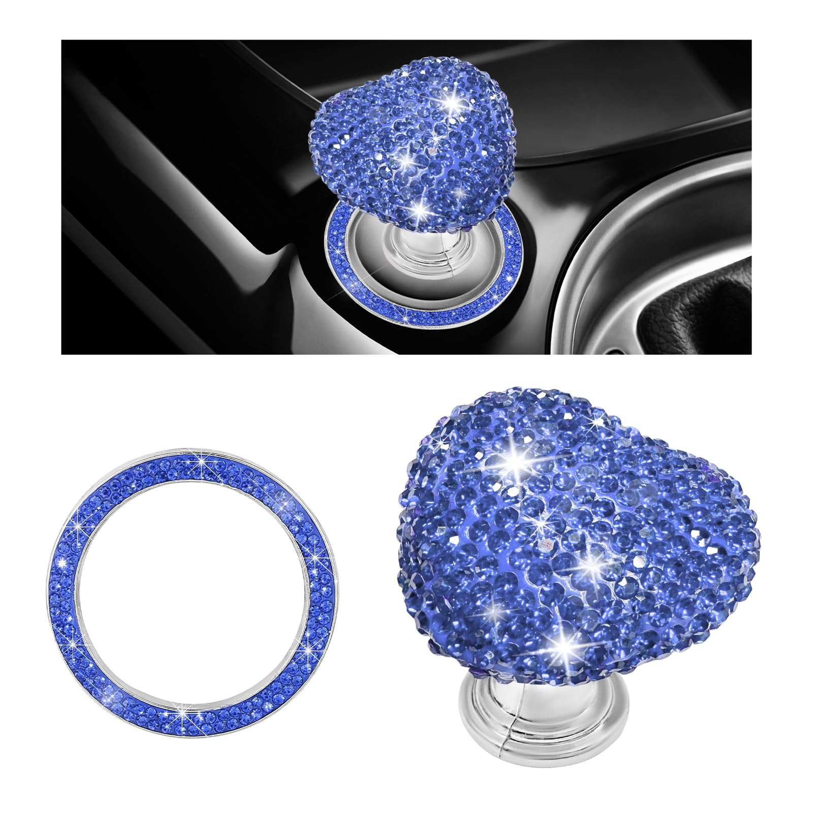 YSFER 2 PCS Bling Push to Start Button Cover, Heart Car Engine Start Stop Button