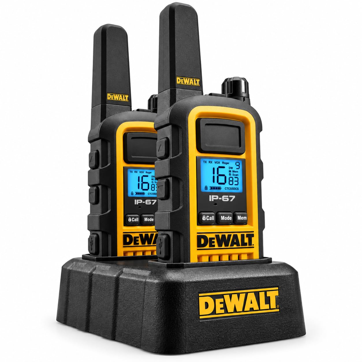 DeWALT Long Range Walkie Talkies for Adults with Charging Dock, 2 Pack | Recharg
