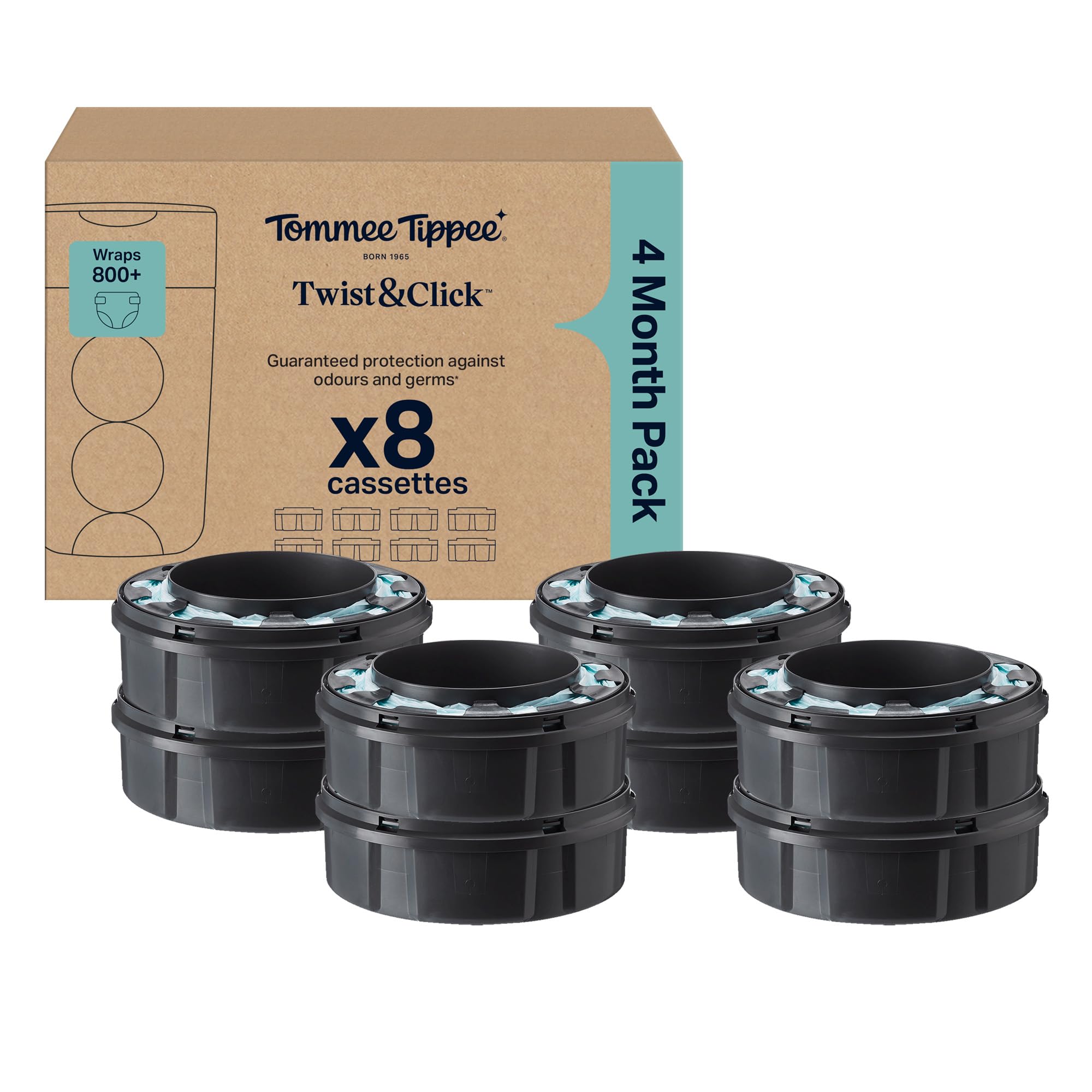 Tommee Tippee Twist & Click Nappy Bin Refill Cassettes Pack of 8 | 10.5m each, F