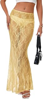 Rooscier Women's Lace A Line Sheer Maxi Skirt