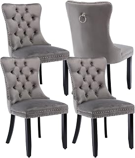 Gray Velvet Dining Chairs Set of 4, Tufted Upholstered Dining Room Chairs | Kitchen Chairs with Nailhead Trim, Solid Wood Legs, Modern Style Furniture