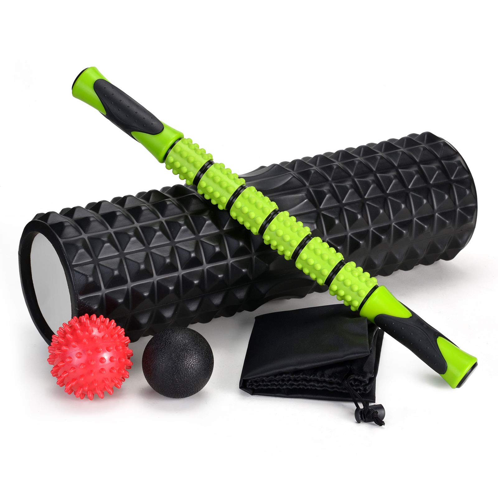 Odoland 5-in-1 18" Large Size Foam Roller Set with Muscle Roller Stick and Densi