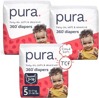 Pura 360° Stretch Diaper Pants Size 5 (27-38 lbs) 57 Diapers | 360° Stretchy Fit, Easy Pull Up &amp; Down, Cloud Soft for Sensitive Skin, Totally Chlorine Free*, Allergy UK Certified