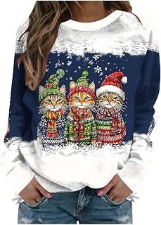 Christmas Sweatshirt for Women Crewneck Cute Cat Printed Long Sleeve Shirt Xmas Holiday Party Pullover Sweater Tops