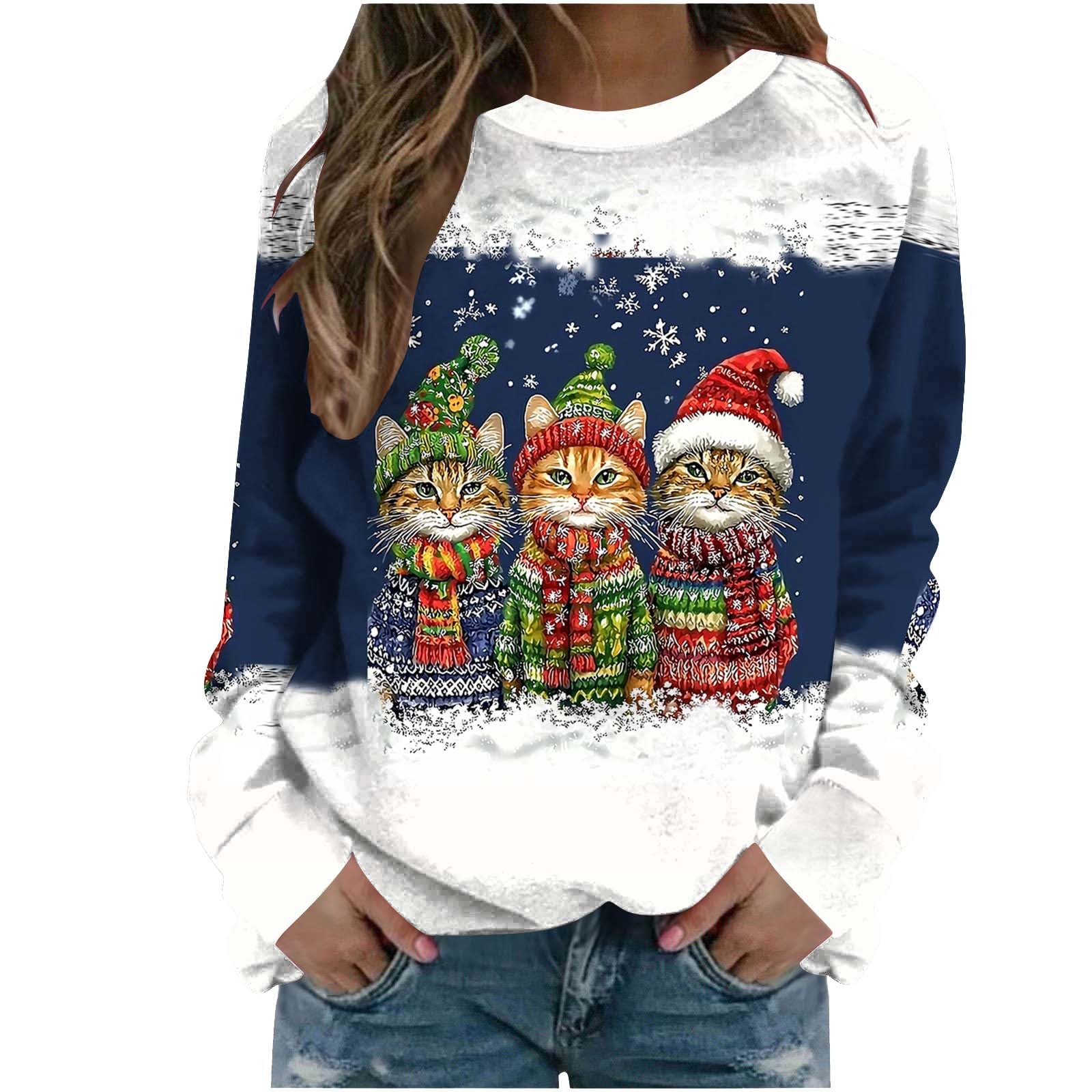 Christmas Sweatshirt for Women Crewneck Cute Cat Printed Long Sleeve Shirt Xmas 
