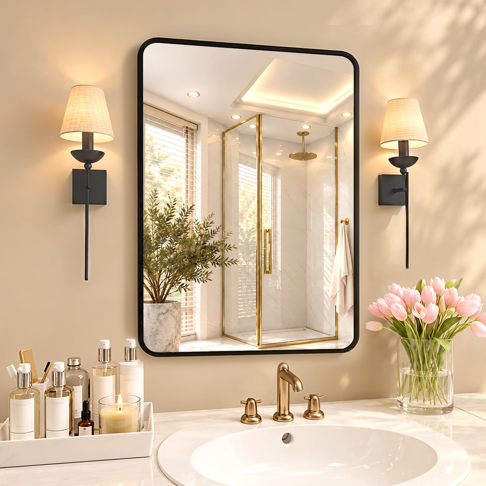 24x32in Bathroom Mirror for Wall, Matte Black Aluminum Frame HD Vanity Mirror, M