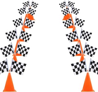 YOELVN 6 Pack 7inch Orange Race Cones with Holes on Top,12 Pack Checkered Flags,Racing Car Birthday Party Decorations,Two Fast Centerpieces,Race Cars Themed Party Supplies