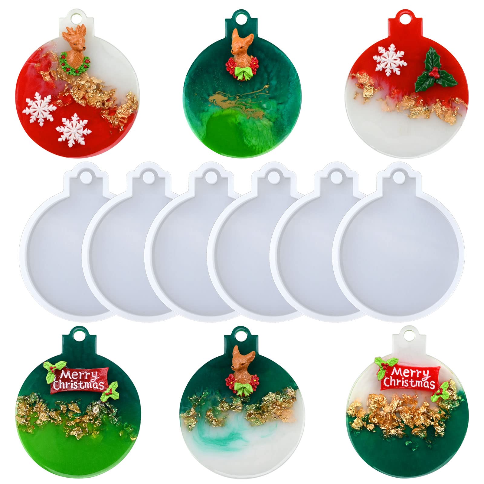 Christmas Resin Molds Silicone, 6 Pcs Christmas Ornaments Round Shape Pendant Mo