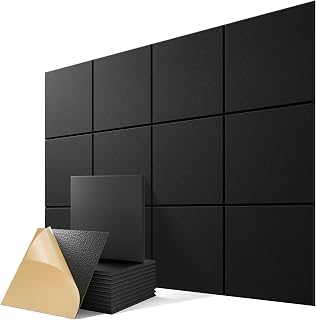 12 Pack Self-Adhesive Acoustic Panels, 12" X 12" X 0.4" High-Density Sound Proof Foam Panels for Walls, Polyester Fiber Soundproof Wall Panels for Home & Office (Black)