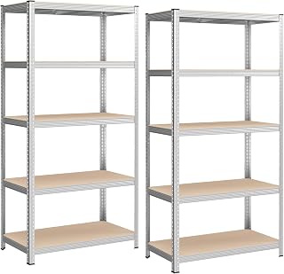 SONGMICS 5-Tier Heavy-Duty Shelving Units, Set of 2 Steel Shelving Units for Storage, Boltless Assembly, for Garage, Shed, Load Capacity 600 kg, 50 x 100 x 200 cm, Silver GLR050E02