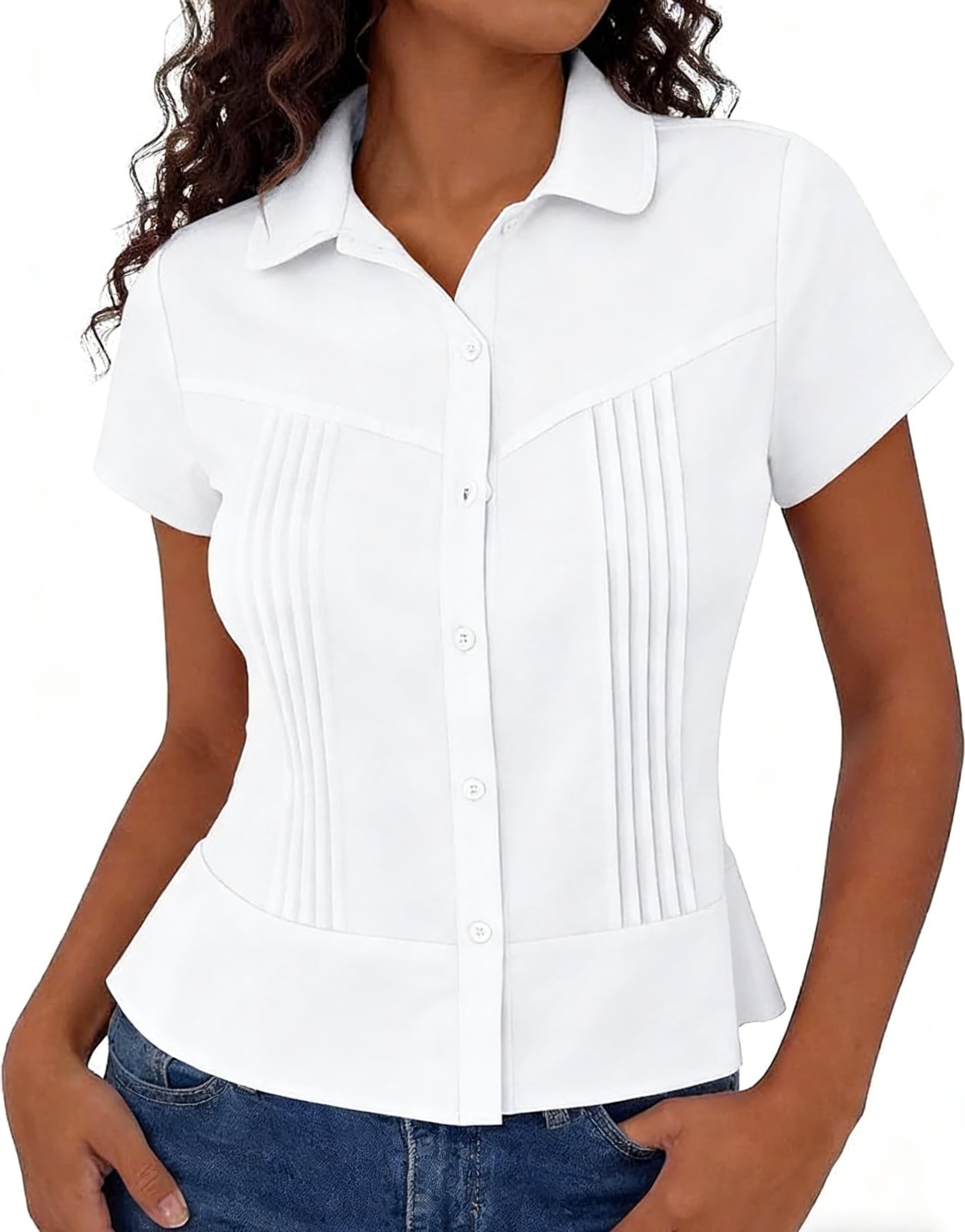 Women's Short Sleeve Button Down Pleated Slim Fit Summer Elegant Casual Shirt