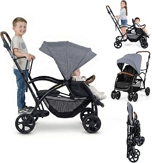 INFANS Sit and Stand Double Stroller, Foldable Tandem with Standing Platform Reclining Backrest, Adjustable Handlebar and Footrest, Storage Basket 5-Point Harnesses, Baby Pushchair for Toddlers