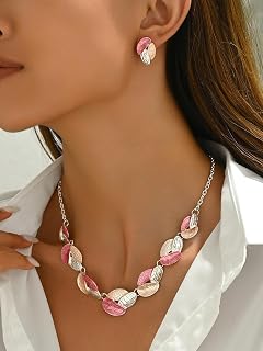 Ensemble élégant collier et boucles d'oreilles en forme de feuille texturée bleue et blanche pour femme, bijoux tendance légers, chaîne de collier, cadeau de fête de mariage