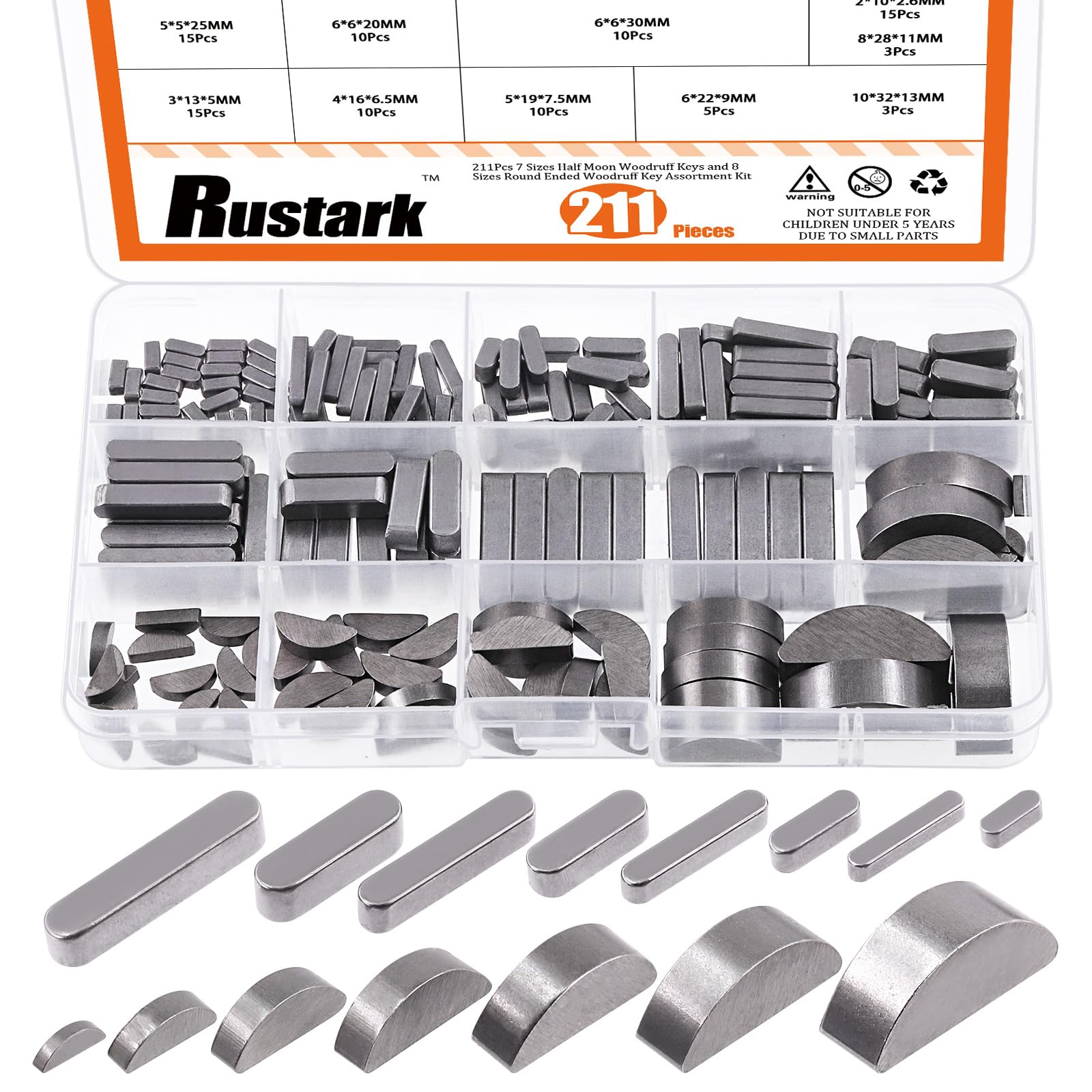 Rustark 211Pcs 2 Styles Metric Key Stock & Woodruff Key Assortment Kit Half Moon