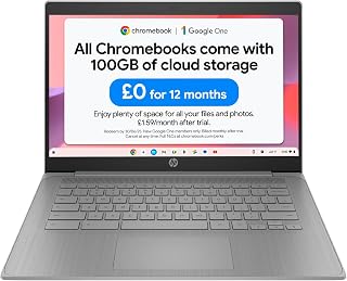 HP Chromebook 14" | Intel Celeron N4500 Processor | 4GB RAM | 64GB eMMC | Intel UHD Graphics | Anti-glare | Chrome OS | Dual Speakers | USB-C Fast Charging | Grey | 14a-ne1000sa | Charger Included