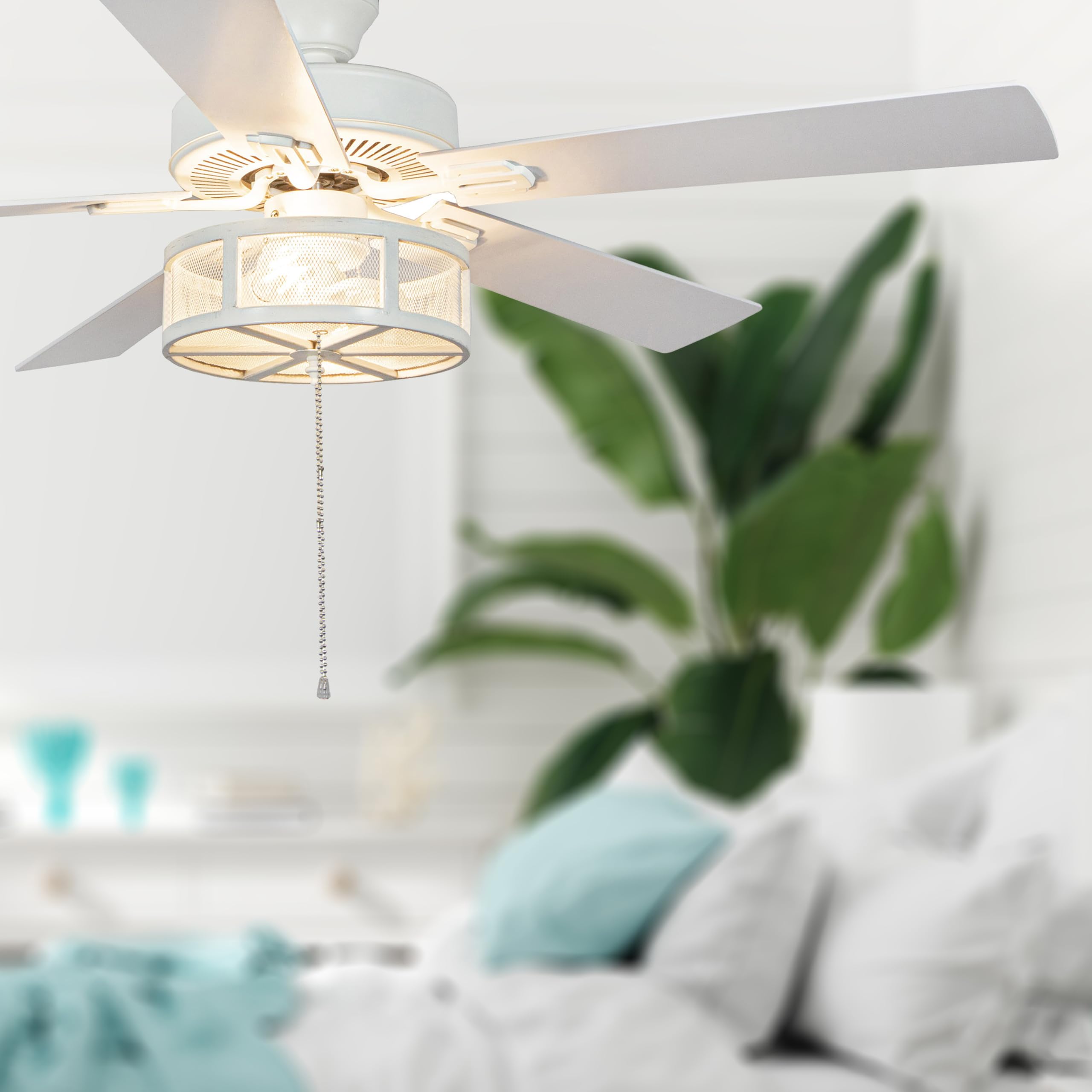 RIVER OF GOODS Alabaster LED Mesh Caged Ceiling Fan - 52" L X 52" W - White/Oak 