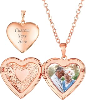 Custom4U Personalized Heart Locket Necklace with Pictures,Sunflower/Angel Wings/Heart Shaped Lockets Custom Photo,Gold/Rose Gold/White Lockets That Holds Picture,Customized Memorial Jewelry for Women