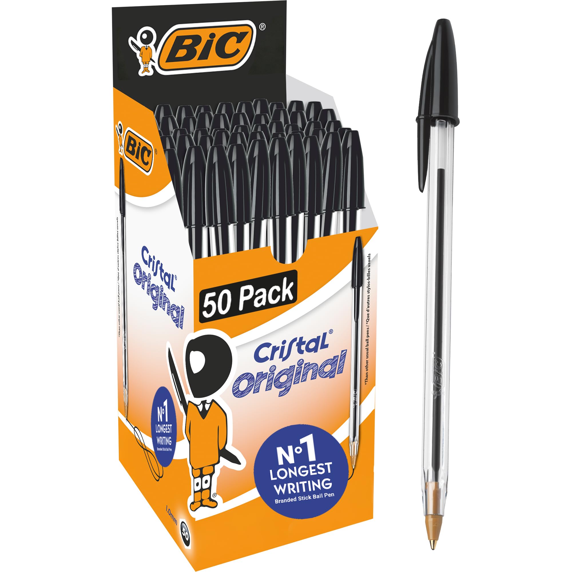 BIC Cristal Original Smudge Free Ballpoint Pens, Ideal for School, Black, Medium