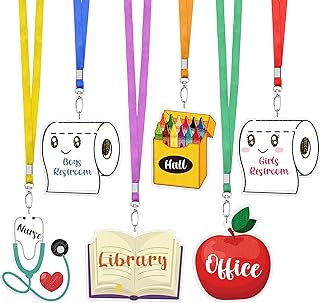 Weekgrat 6 Sets Acrylic Hall Pass Lanyards for Teachers Classroom,Cute | Bathroom Office Library Nurse Passes Unbreakable, Back to School Supplies, Double-sided Design Metal Clips Lanyards