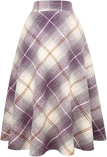 IDEALSANXUN Womens Plaid Wool Skirts Elastic Waist A-Line Pleated Tartan Long Skirts