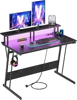 VASAGLE Gaming Desk with LED Lights and Power Sockets, Computer Desk, Monitor Stand, Table for 2 Monitors, Office, Bedroom, 100 x 55 cm, Ebony Black LWD191B56V2