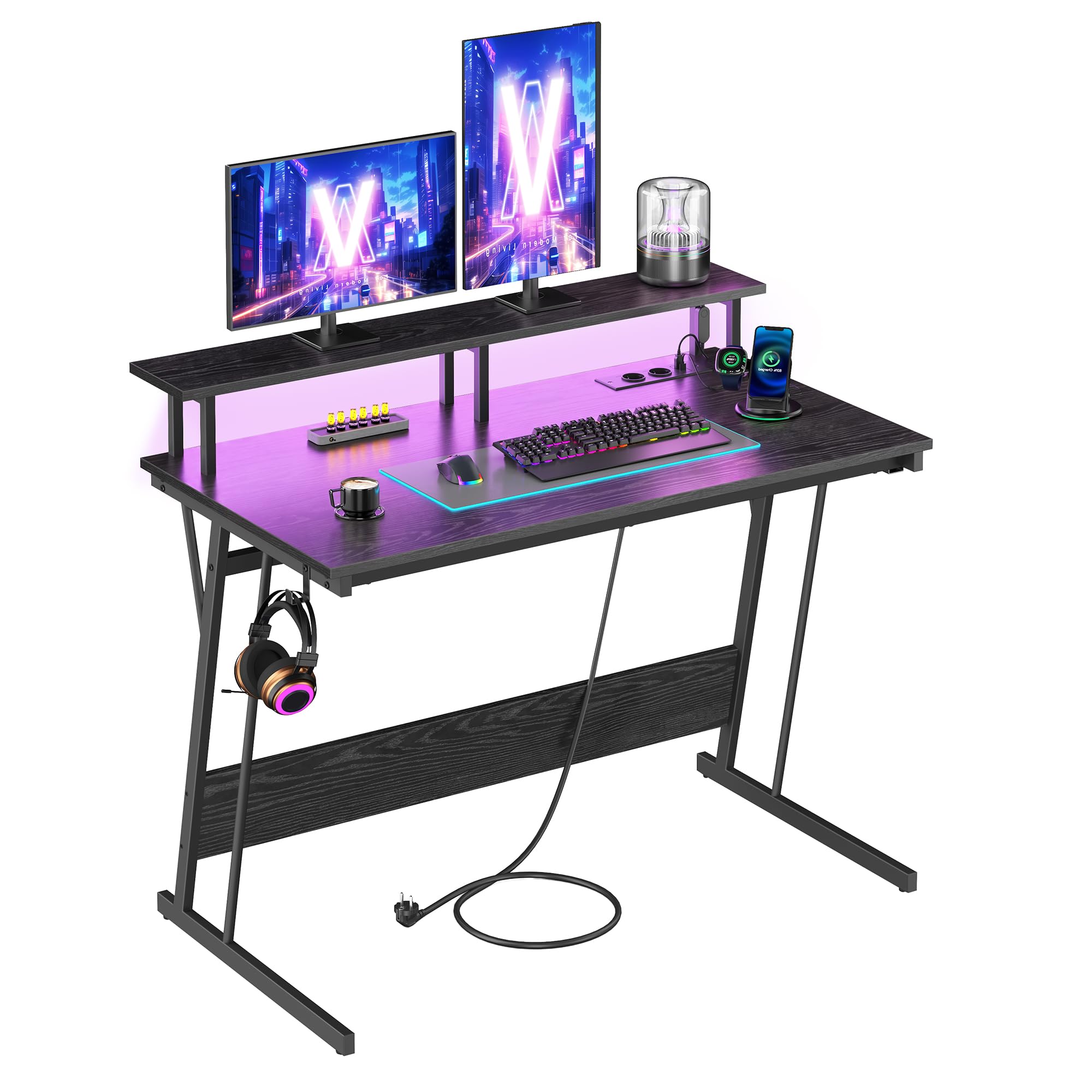VASAGLE Gaming Desk with LED Lights and Power Sockets, Computer Desk, Monitor St