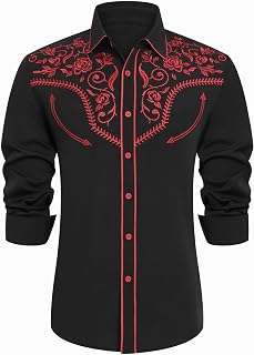 Men's Western Cowboy Shirt Embroidered Long Sleeve Button Down Shirt