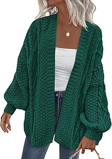PRETTYGARDEN Pull d'automne en tricot torsadé ouvert sur le devant pour femme - Lanterne à manches longues - Cardigan épais tendance