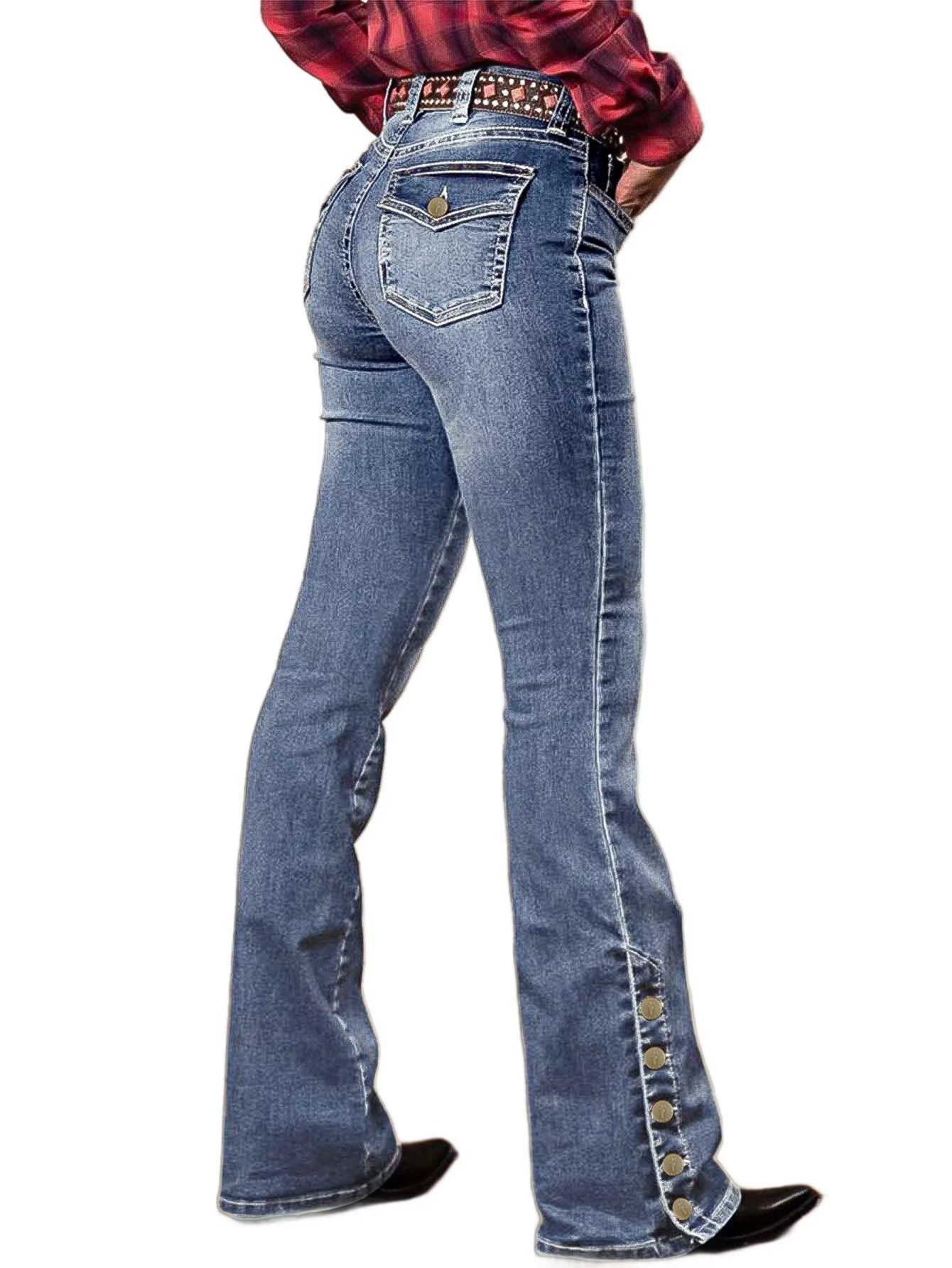 Flamingals Women's Buttoned Hem Butt Lifting Bootcut Jeans