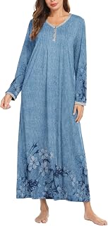 Ekouaer Women's Long Sleeve Nightgown Full Length Sleepwear Long Sleepshirts Henley Sleep Dress