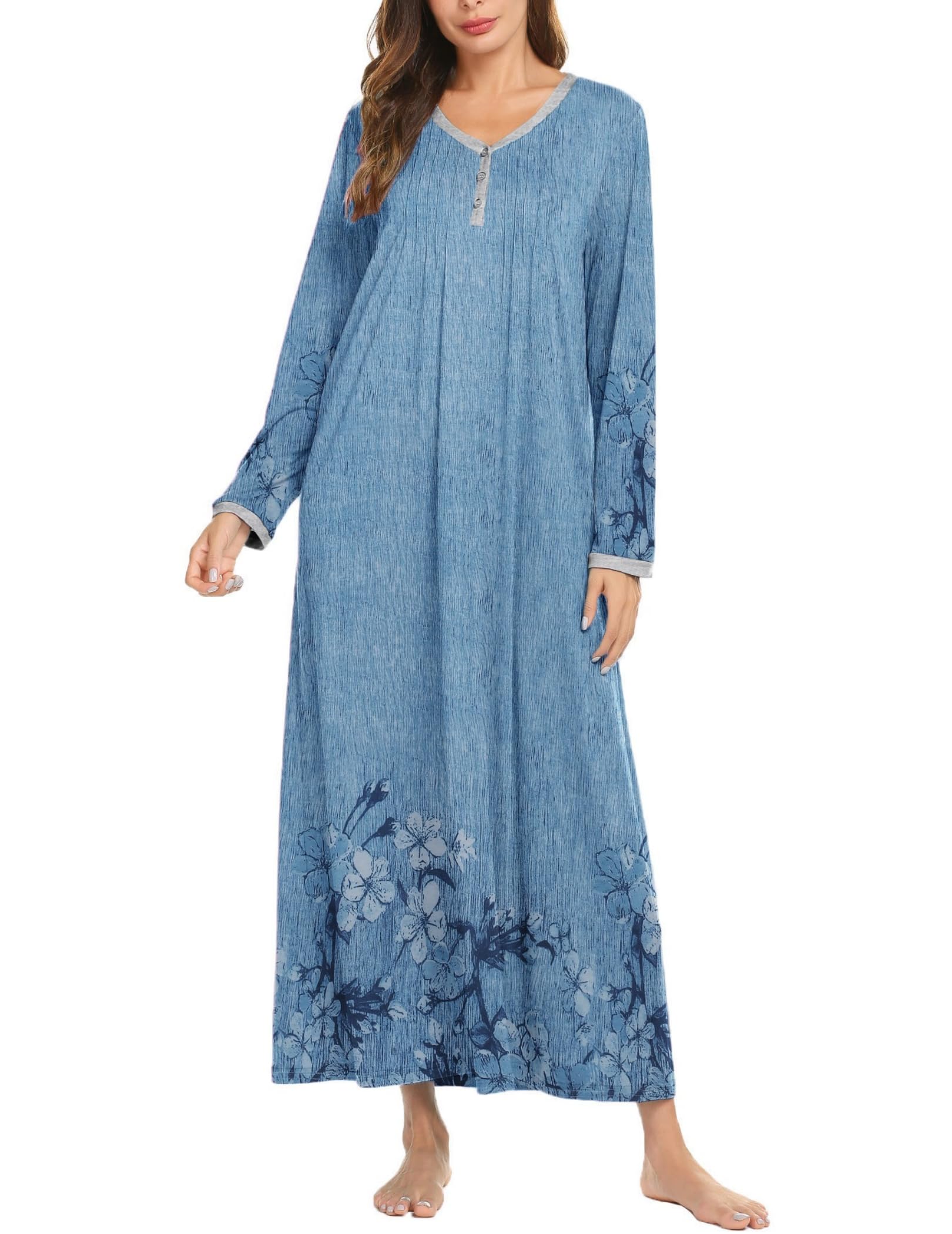 Ekouaer Women's Long Sleeve Nightgown Full Length Sleepwear Long Sleepshirts Hen