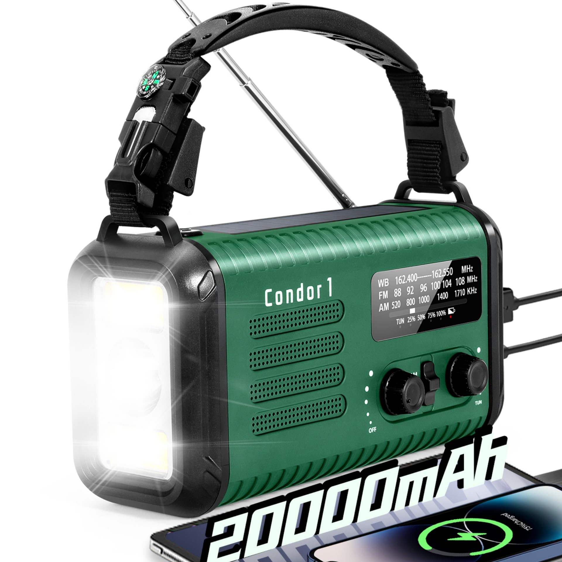 Emergency Crank Radio, 20000mAh Solar Hand Crank Weather Radio NOAA/AM/FM | 7400