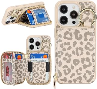 Étui portefeuille avec porte-cartes pour iPhone 14 Pro, étui de téléphone portefeuille avec fermeture éclair, fente et support, pour homme et femme, motif léopard blanc cassé