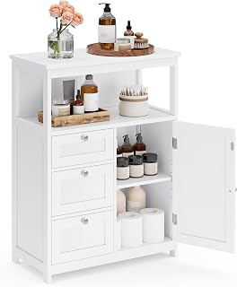 VASAGLE Bathroom Floor Storage Cabinet, Bathroom Storage Unit with 3 Drawers, Bathroom Cabinet Freestanding, White UBBC542P31V1