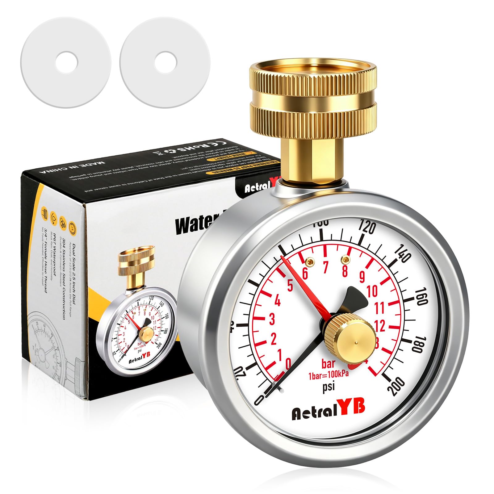 AetralYB 2.5" 200PSI Lead-Free Lazy Hand Water Pressure Gauge 3/4“GHT Mount | St