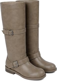 QIY Double Buckle Knee High Boots for Women Vintage Flat Riding Tall Boots
