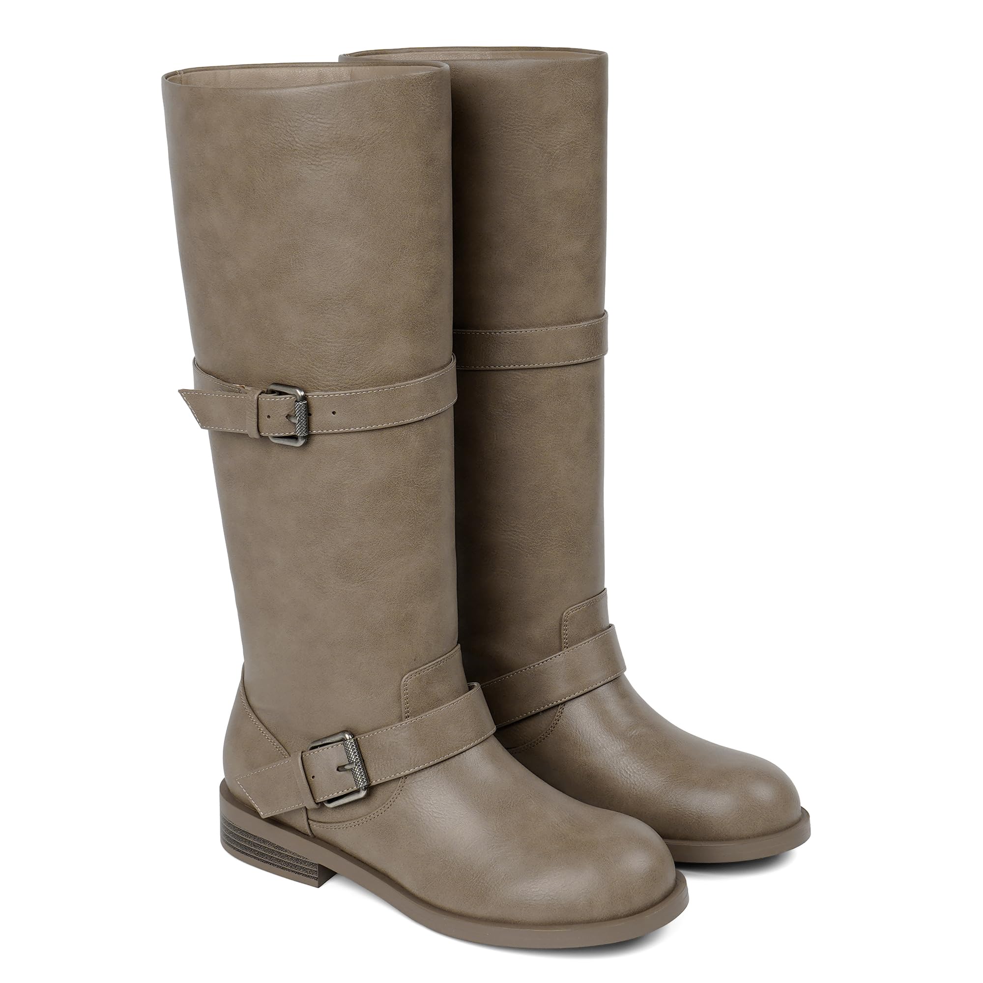 QIY Double Buckle Knee High Boots for Women Vintage Flat Riding Tall Boots