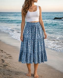 Women's Summer Pleated Long Skirt High Waist Pleated Long Skirt Boho Beach Dress with Pockets Casual Flowy Skirt