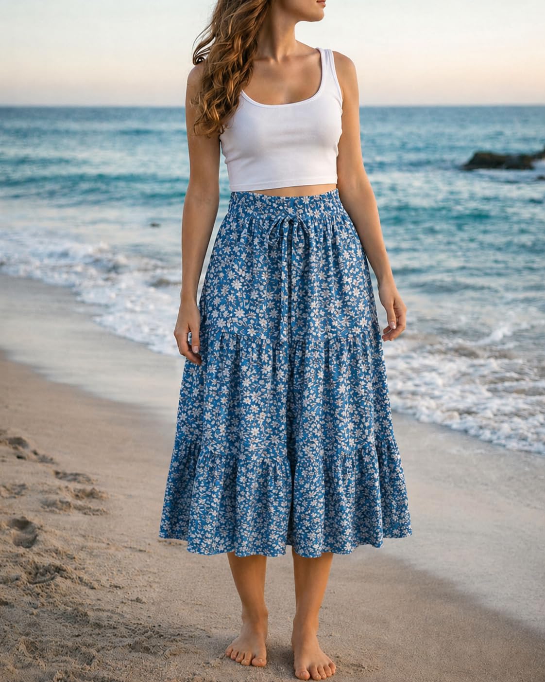 Women's Summer Pleated Long Skirt High Waist Pleated Long Skirt Boho Beach Dress