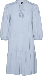 VERO MODA Crepe Short Dress with Drawstring and 3/4 Sleeves Midi Summer Tunic Dress