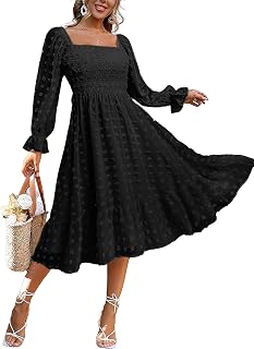 Amegoya Women's Boho Flowy Long Sleeve Square Neck Floral Midi Dress Smocked Spring Fall Wedding Guest Dresses