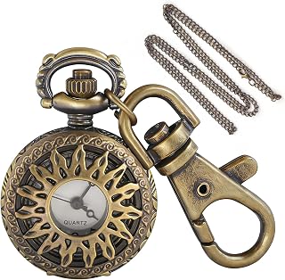 Tiong Vintage Bronze Symmetric Pattern Quartz Pocket Watch - Small Size with Keychain & Necklace Chain, Retro Engraved Pendant Watch Accessory for Men Women ﻿