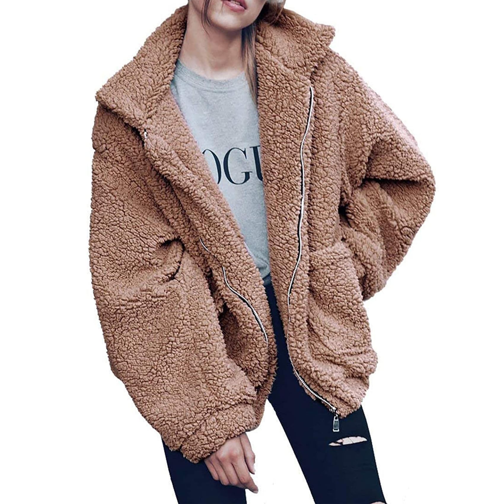 PRETTYGARDEN Women's Fashion Long Sleeve Lapel Zip Faux Shearling Shaggy Oversiz